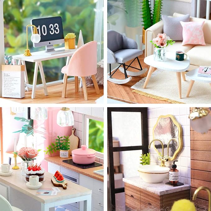 Spilay DIY Dollhouse Miniature with Wooden Furniture,DIY Dollhouse Kit Large Villa Model with LED Light & Music Box,1:24 Scale Creative Room Gift for Adult Teenager