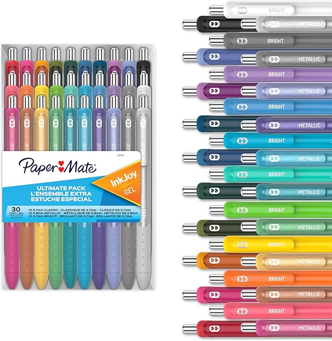 Paper Mate InkJoy Gel Pens Ultimate Pack, Retractable Pens, Featuring Classic, Bright!, and Metallic Pens, Assorted, 30 Count