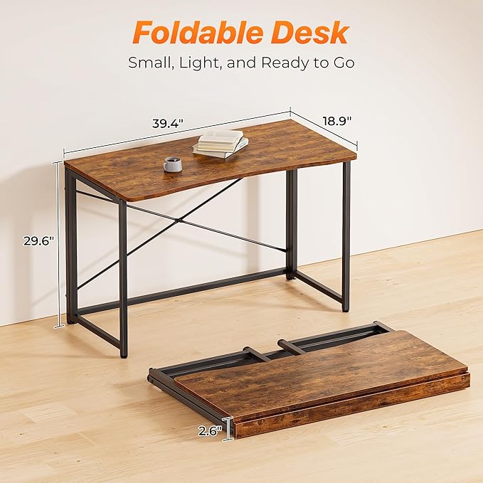 Huuger Folding Desk for Small Spaces, 39.3 Inch Foldable Computer Table, for Home Office, Study, Bedroom, Dorm, Space Saving, Small Writing Work Office Computer Desk, Easy to Fold, Rustic Brown