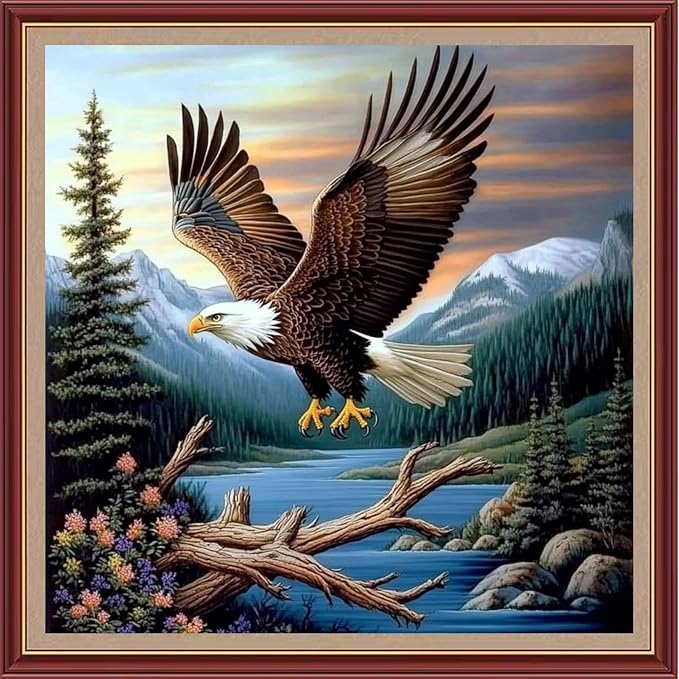 DMCXART Counted Cross Stitch Kits for Adults Needlepoint Kits Unprinted Cross Stitching Embroidery Kit 11CT Cross Stitch Supplies-Eagle Forest Flying 18x18 inch