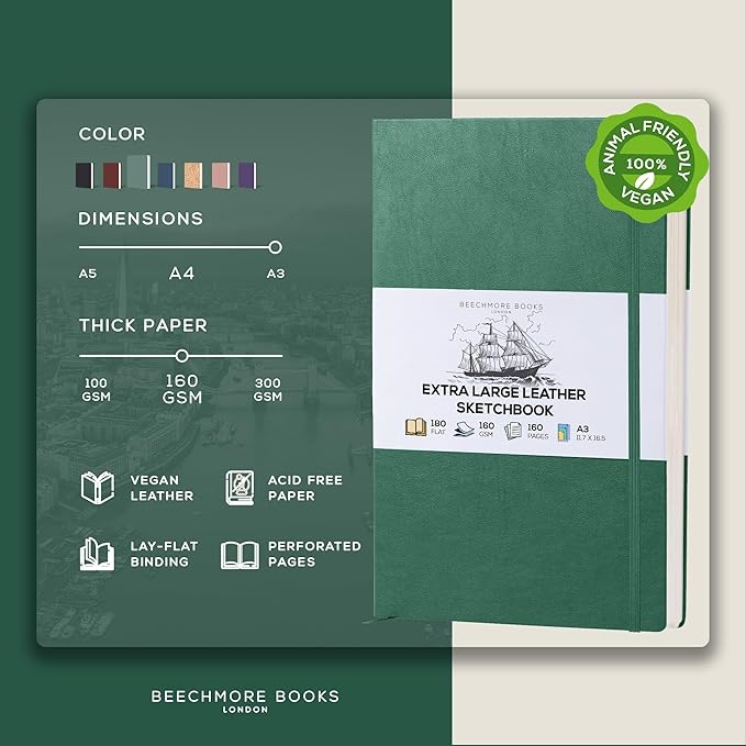 Beechmore Books A3 Sketchbook – 11.7x16.5 Premium Vegan Leather Bound Large Sketch Book Hardcover with 160 Thick 160gsm Perforated Ivory Pages, Blank Sketch Pad Gift Boxed Back Pocket Ribbon Bookmark