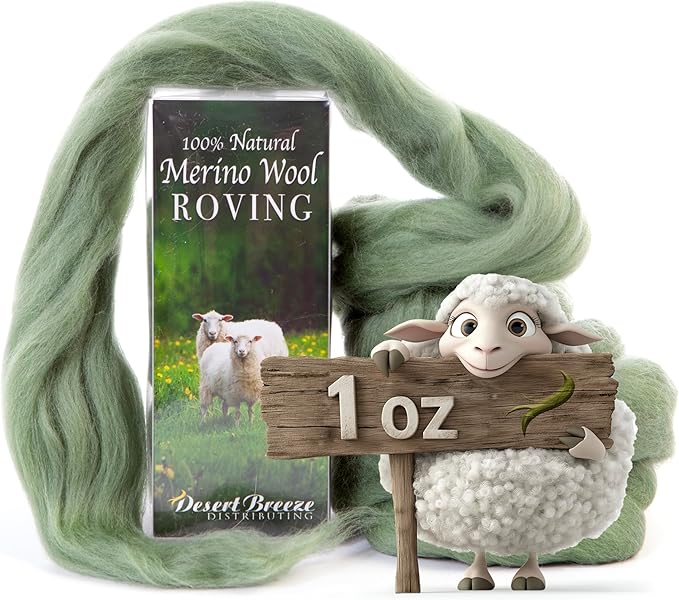 Desert Breeze Distributing 100% Natural Merino Wool Roving - Premium Combed Top Merino Roving Wool - Tapestry, Spinning, Wet Felting & Needle Felting Supplies - 21.5 Micron - 1 oz, Color Ivy Green