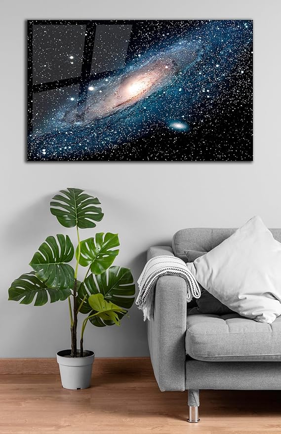 SpiritualHands Andromeda Space Galaxy Glass Wall Art Painting for Living Room, Tempered Glass Modern Prints Decor, Large Vivid Color Panel for Bedroom, Kitchen, or Office