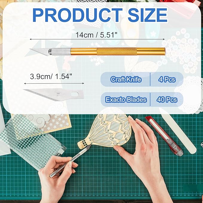 MECCANIXITY 4 Pcs Exacto Knife, Craft Hobby Knife with 40 Exacto Blades(#11) Profession Craft Knives for Crafting, Modeling, Scrapbooking (Gold Tone)