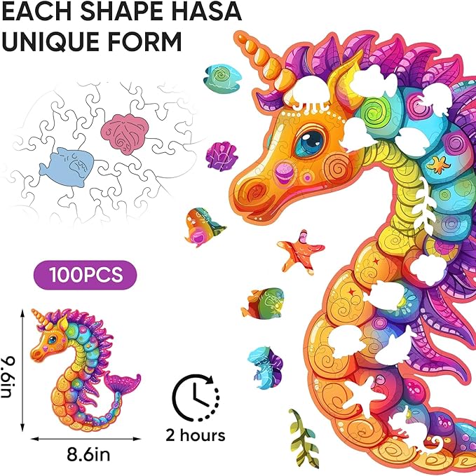 Wooden Puzzles for Adult and Kids, 100 Pieces Ocean Puzzle, Unique Shaped Seahorse Wooden Preschool Puzzle, Toddler Wooden Puzzle Toy Gift for Family and Friends, Suitable for Family Games