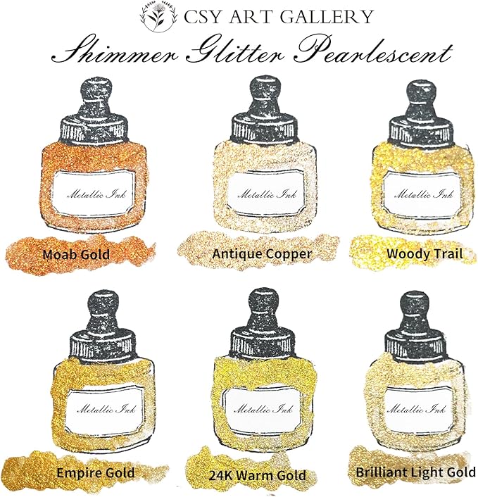 CSY art gallery Metallic Acrylic Paint Ink-Water Resistant Drawing Inks Set-24K Gold Alcohol Ink-Mica Paint for Resin, Rock,Markers Refill,Wood,Crafts (Fallen Leaves Starlight Set)