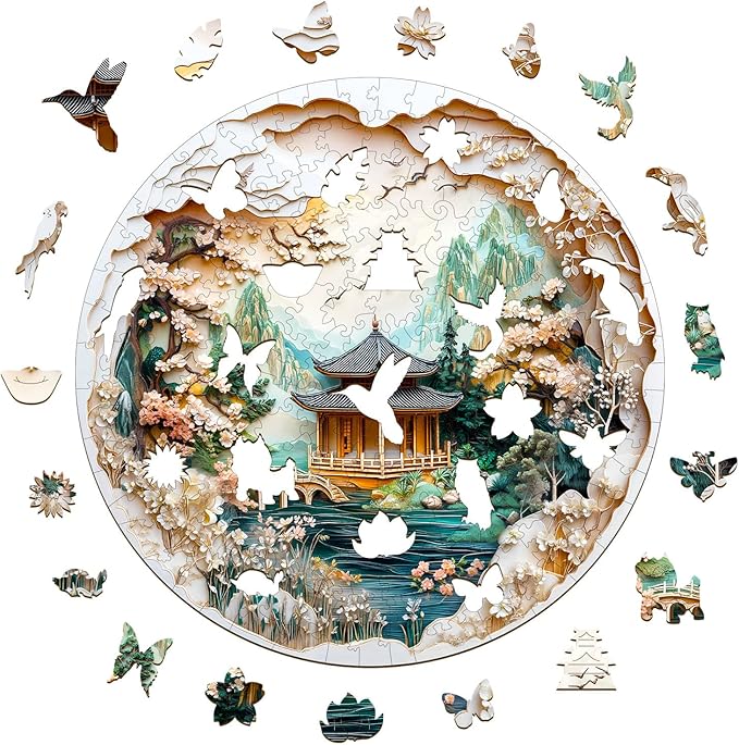 KAAYEE Wooden Puzzles for Adults, 3D Visual Effect Chinese Landscape Painting Wooden Jigsaw Puzzle Unique Shape Wood Puzzle Adult, 3D Effect Flat Puzzle Birthday Family Games (M-11.4*11.4 in-200pcs)