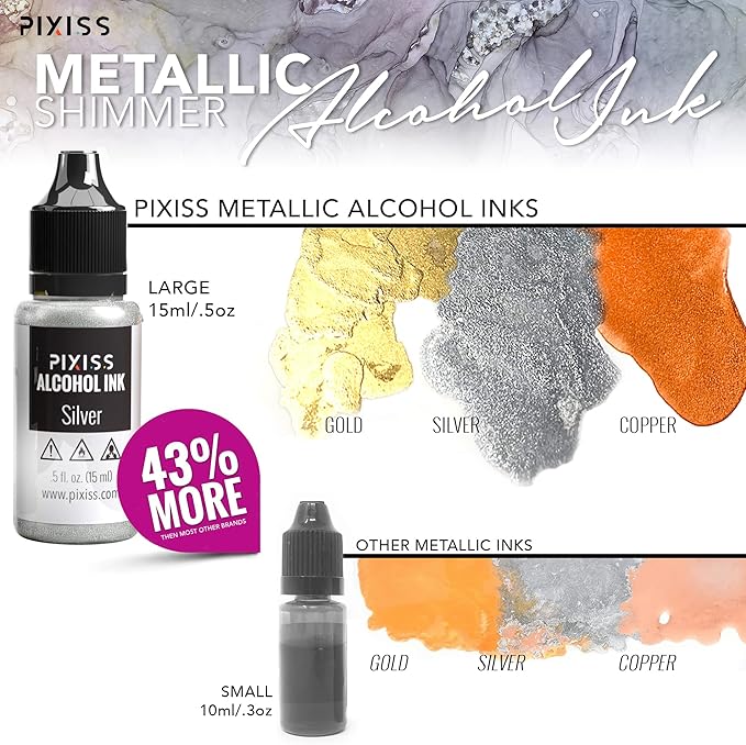 Metallic Alcohol Ink Set - Gold, Silver, Gunmetal, Copper, Pearl with Extreme Shimmer - Large 0.5 Ounce Inks