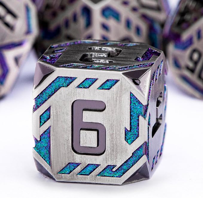 Metal DND Sci-fi Dice Set 7PCS Stripe Polyhedral Dice for Dungeons Dragons RPG Role Playing Game, Glitter D and D Dice with Gift Box D6 D8 D10 D12 D20 (Grey&Purple Green)