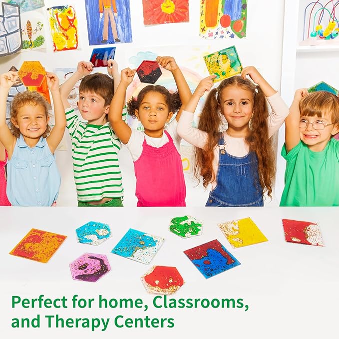 LONGKING 4-Pack Hexagon Liquid Tiles for Kids, Soft Gel Liquid Sensory Toys for Autistic Children, Sensory Mats, Sensory Toys for Toddlers 3-4