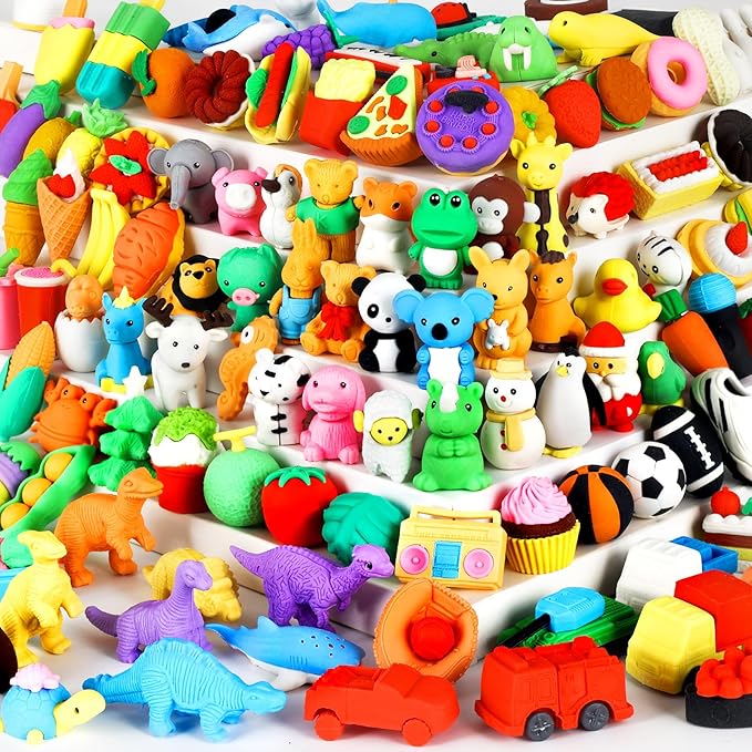 110Pcs Animal Erasers Kids Desk Pets Pencil Erasers 3D Puzzle Eraser Bulk Mini Animal Food Toys Fun Cute Eraser for Classroom Rewards, Game Prizes, Treasure Box, Easter Egg Fillers