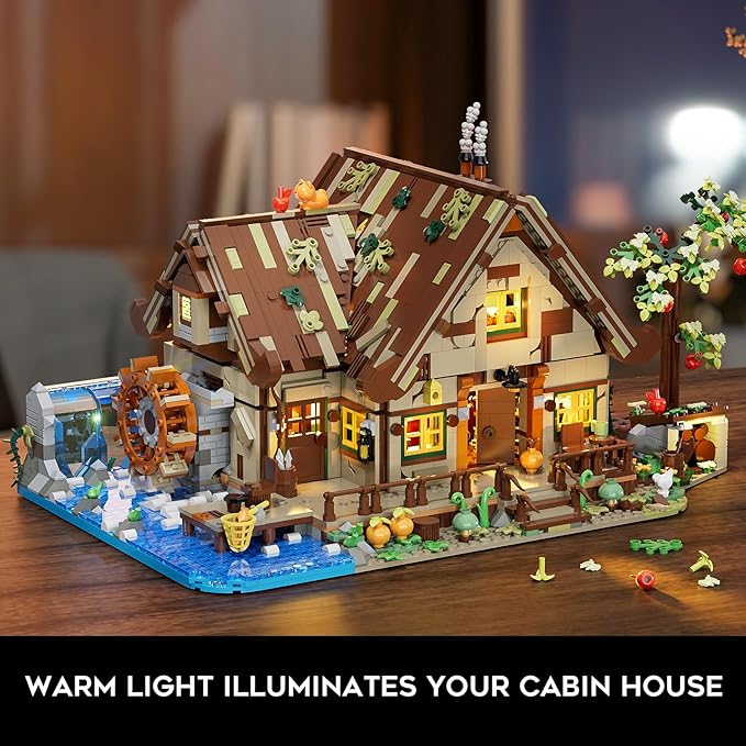 Wood Cabin Building Set with Light, 2570 PCS Wooden Forest House Mini Building Block Toy with Waterwheel Pond Animals, Big House Construction Model for Adults Teens Kids Boys Girls 10-12+