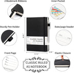 feela 24 Pack Journal Notebook for Work, Business Notebook Bulk Hardcover Lined Writing Journal with Pen Holder for Men Women Note Taking, with 24 Black Pens, 120 GSM, 5.1”x8.3”, A5, Black