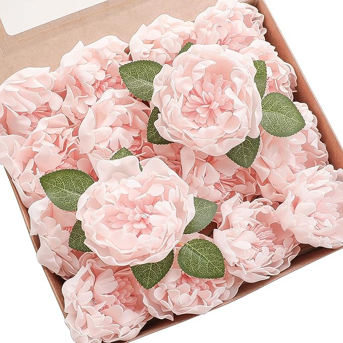 Floroom Artificial Flowers 16pcs 4" Blush Blooming Peonies Real Looking Foam Fake Peony with Stems for DIY Wedding Bouquets Pink Bridal Shower Centerpieces Floral Arrangements Party Tables Decorations