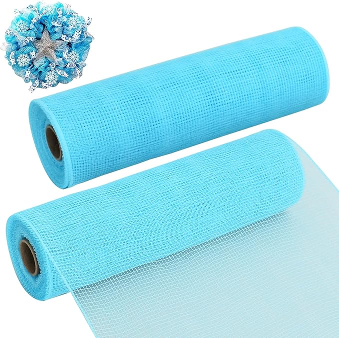 TONIFUL 2 Rolls 10 Inch Light Blue Decorative Mesh Ribbbon Rolls, Fabric Mesh for Mesh Wreath Supplies, Front Door Wreath Crafts Tree Decor Christmas NewYears Halloween Decoration (10 yds/roll)