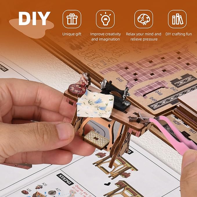 Book Nook Kit - Sewing Room DIY Miniature House Dollhouse Kit for Adults and Teens, Booknook Tiny House Bookshelf Decor 3D Wooden Puzzle, Gifts for Family and Friends