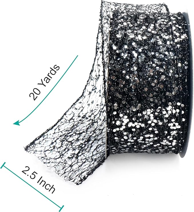 CT CRAFT LLC Sparkling Glitter Mesh Wired Ribbon 2.5" x 20 Yards Black for Christmas Home Decor Bow Gift Wrapping DIY Crafts Wreath