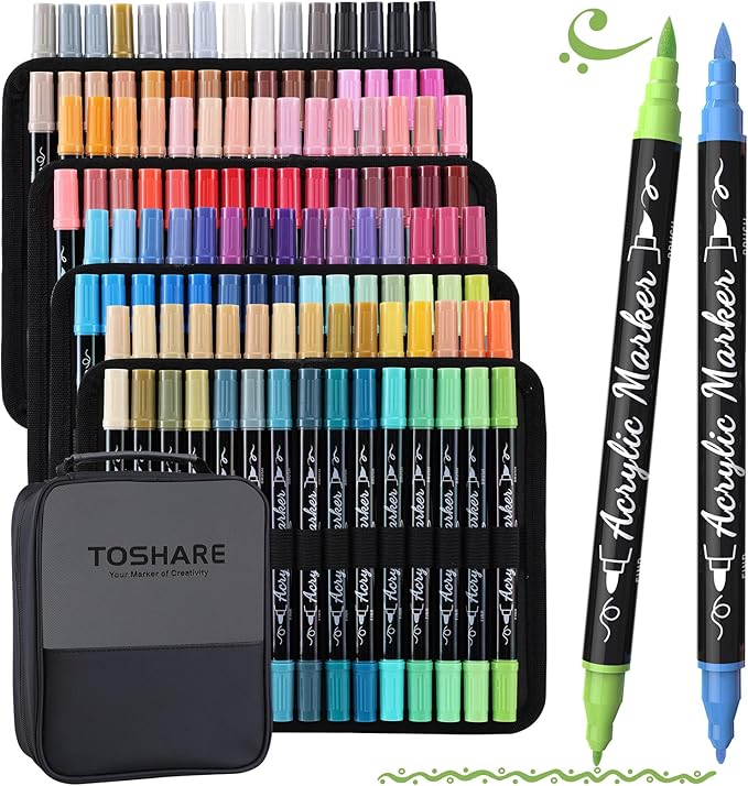 120 Colors Acrylic Paint Markers, Waterproof Dual Tip Acrylic Paint Pens with Brush and Fine Tip, Markers Set for Paper, Rock, Wood, Canvas, Glass, Ceramic and DIY Crafts Making Art Supplies