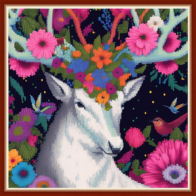 Dimensean Stamped Cross Stitch Kits Full Range of Embroidery Patterns Starter Kits for Beginners Adult or Kids DIY Cross Stitches Needlepoint Kits 11CT-Elk Flower 17.7x17.7 inch