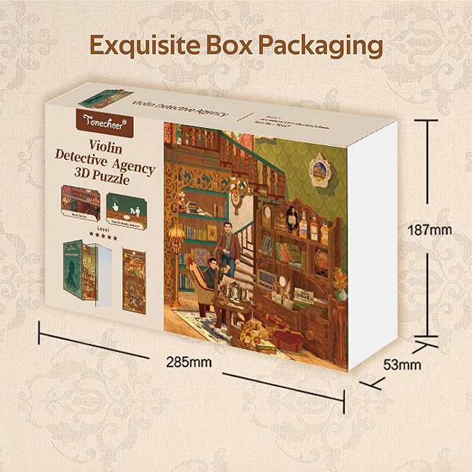 Tonecheer DIY Book Nook Kit for Adults, Wooden 3D Puzzle Bookend Bookshelf Insert Decor, Detective Booknook Miniature House Kit with Dust Cover and Body Motion Sensor LED (Violin Detective Agency)