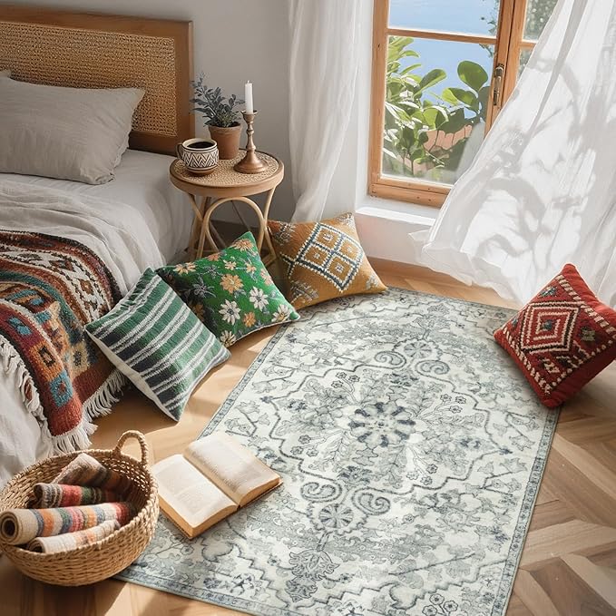Lahome Bohemian Floral Medallion Area Rug - 3x5 Beige Washable Entryway Rug Office Mat, Transitional Non Slip Indoor Throw Bedroom Carpet for Kitchen Coffee Table Mudroom Dressing Room RV