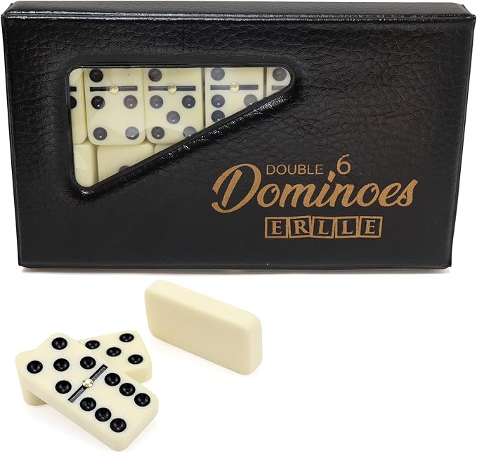 ERLLE - Premium Double 6 Dominoes Set, Classic Domino Game with Vinyl Case, Tiles for Adults & Kids, Mexican Train & Family Game Night