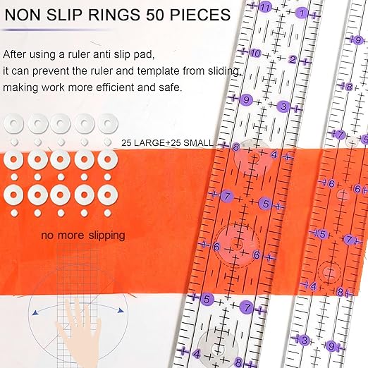 Quilting Ruler, Sewing Ruler, 8 Pack, Acrylic Quilting Templates(6"x17", 3"x17", 2"x16", 1.5"x12", 1"x12", 1"x6", 8"x3"), Non Slip Rings 25 Pieces, Sewing and Quilting Supplies - Clear/Purple