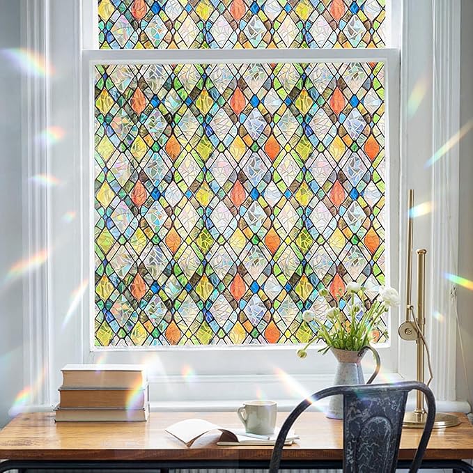Window Privacy Film Rainbow Film Stained Glass 3D Static Cling Decorative Window Sticker for Bathroom,Front Door,Home Heat Control UV Blocking Non Adhesive,Diamond Grid 17.5 x 78.7 inches