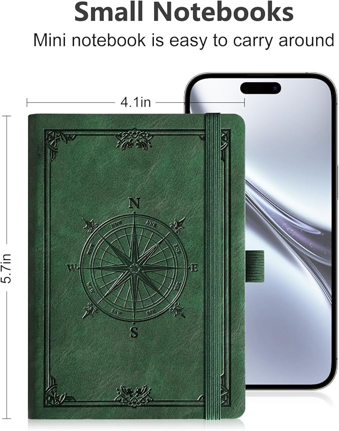 AHGXG Small Blank Pocket Journal Notebook for Men - 256 Numbered Pages B6 Mini Journal, Vintage Soft Leather Hardcover, 80gsm Paper, for Women Work Office School, 4.1'' X 5.7''- Dark Green