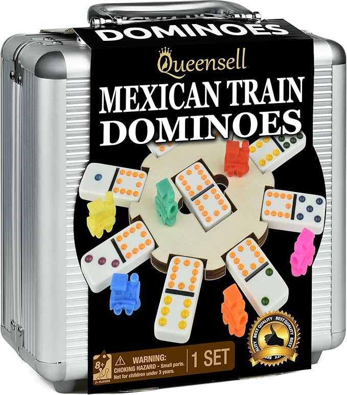 Queensell Mexican Train Dominoes Set with Wooden Hub, Domino Tile Board Games - Double 12 Dominos Set for Family Game Night for Adults and Kids Ages 8 and up (Double 12)