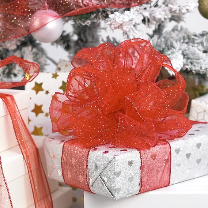 MEEDEE Red Gold Wired Ribbon - 2.5 Inch Sheer Ribbon with Gold Glitter Polka Dots for Christmas Tree, Wreath and Bow Making