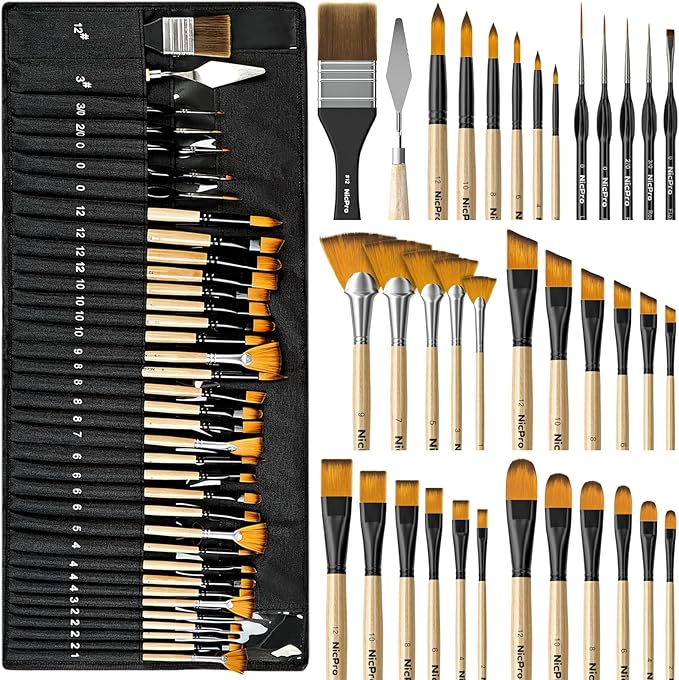 Nicpro 36pcs Paint Brush Set, Professional Paintbrushes with Palette Knife and Cloth Roll, Suitable for Acrylic Painting, Oil, Watercolor, Gouache, Art Supplies for Artists & Beginners (Wooden Color)