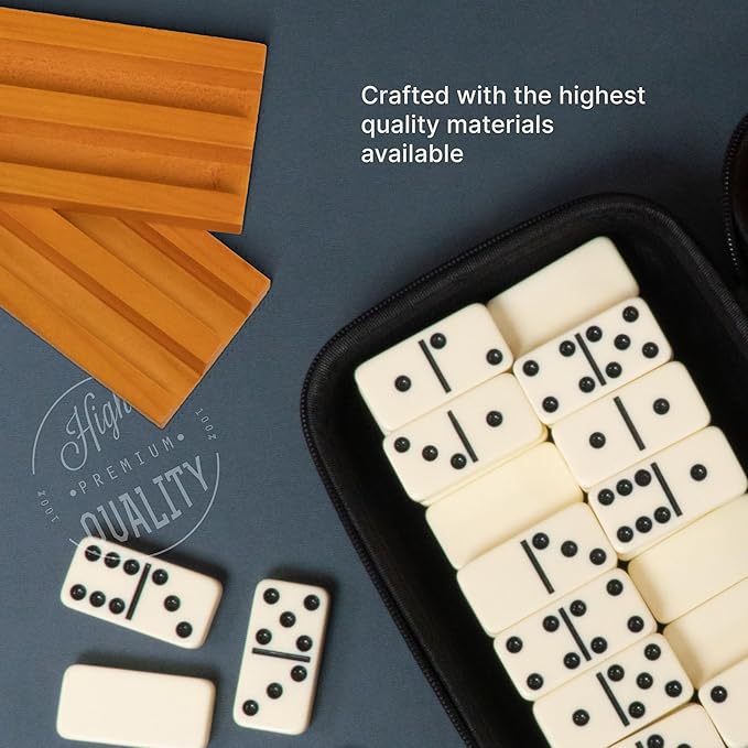 Queensell Dominos Set for Adults with 4 Domino Racks - Double 6 Dominoes Set with Domino Holder, Classic Board Games for Kids and Adults - Double Six Standard Dominos Set 28 Tiles with Travel Case