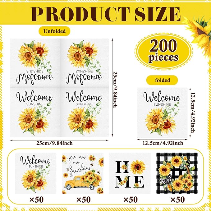 Fulmoon 200 Pieces Summer Sunflower Cocktail Napkins Disposable Floral Dessert Paper Napkins Bulk Sunshine Decoupage Beverage Towel for Summer Sun Party Dinner Decorative