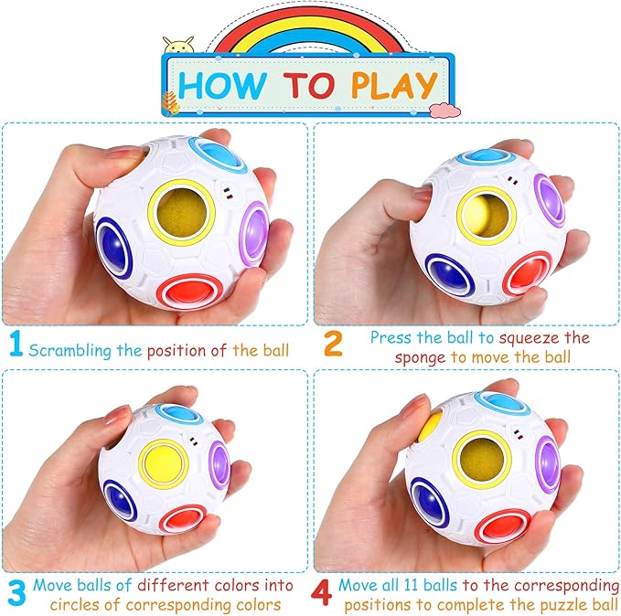 12 Pack Rainbow Puzzle Magic Ball With 2 Pcs Pouches - Fidget Toy for Boys and Girls, Speed Cube, Funny Stress Reliever for Kids, Teens and Adults (White)