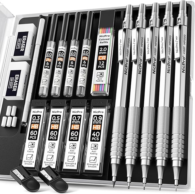 Nicpro Metal Mechanical Pencil Set, 5 PCS Art Drafting Pencils 0.3, 0.5, 0.7, 0.9 mm & 2mm Graphite Lead Holder For Sketching Drawing With 9 Tubes (4B 2B HB 2H Colors) Lead Refills Erasers Case