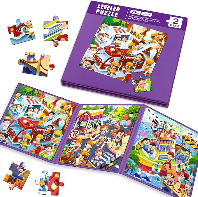Magnetic Puzzles for Kids Ages 4-8, 3 in 1 Toddlers Cartoon Magnet Jigsaw Puzzle Book, Travel Toys, Preschool Learning Toy for Ages 3-8 (Purple Squad)