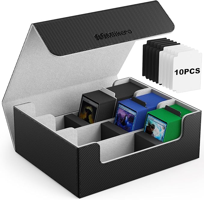 Mlikero Card Deck Case for Trading Cards 1800+, Trading Card Storage Box with 10 Dividers and 3 Foam Stoppers, Leather Magnetic Closure Commander Deck Box Fit for YuGiOh, MTG and Sport Cards