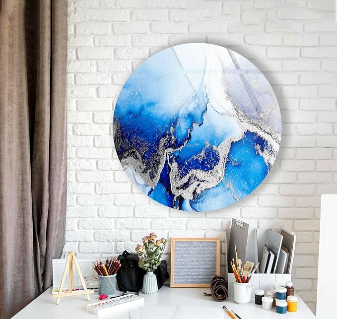 My Photostation.com 20''(50cm) Diameter Blue Marble Round with Silver Details Glass Wall Art Tempered Glass Printing Wall Decor Large Wall Art Wall Hangings