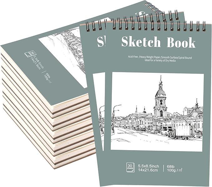 12 Pack Sketch Book, 5.5 x 8.5 Inch Sketchbook, 68lb/100gsm Top Spiral Bound Sketch Pad, Acid Free Art Supplies Drawing Painting Sketching Paper for Kids, Adults, Beginners, Artists (30 Sheets Each)
