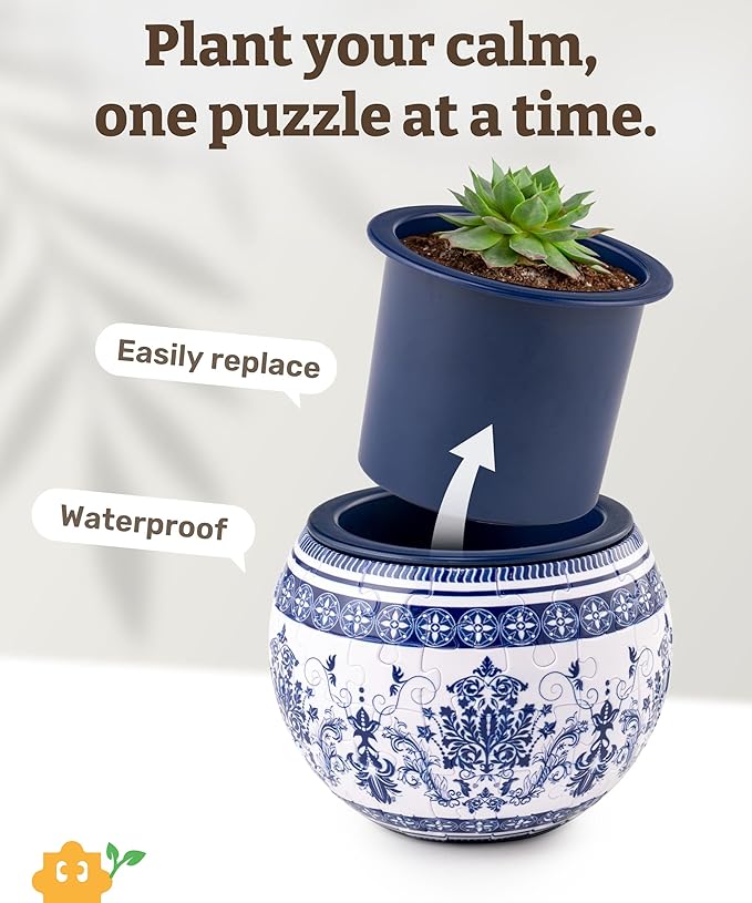 PieceRelax 3D Puzzle Planter - Classic Ornamental Style - Small Round Plant Pots with Drainage, Home Decor Flower Pots for Indoor Cactus, Succulents Pots [K1103]