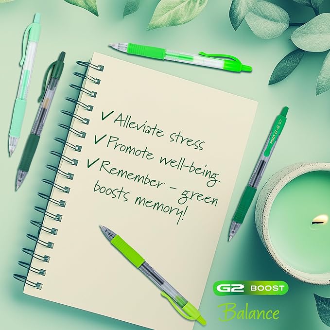 Pilot G2 Premium Gel Roller Pens, Fine Point Gel Pens, Boost Green Pack, The Colors of Balance, 8-Pack Pouch, 0.7 mm, Assorted - Ideal for School, Journaling, & Office Writing