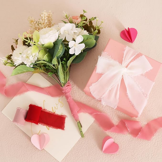 TONIFUL 4 Rolls Silk Chiffon Ribbon 1-1/2 Inch x 22 Yards,Red Pink and White Handmade Fringe Silk Ribbon Set for Gift Wrapping Bridal Bouquets Crafts Wedding Christmas Valentines Decoration