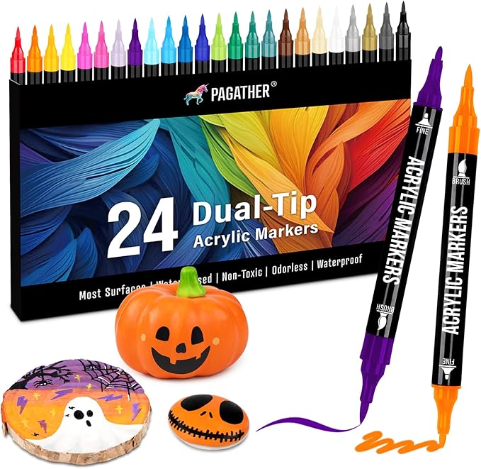 24 Colors Acrylic Paint Markers, Dual Tip with Fine Tip and Brush Tip Pens for Stone, Wood, Calligraphy, Canvas, Ceramic, Metal, Glass, Rock Painting, DIY Crafts