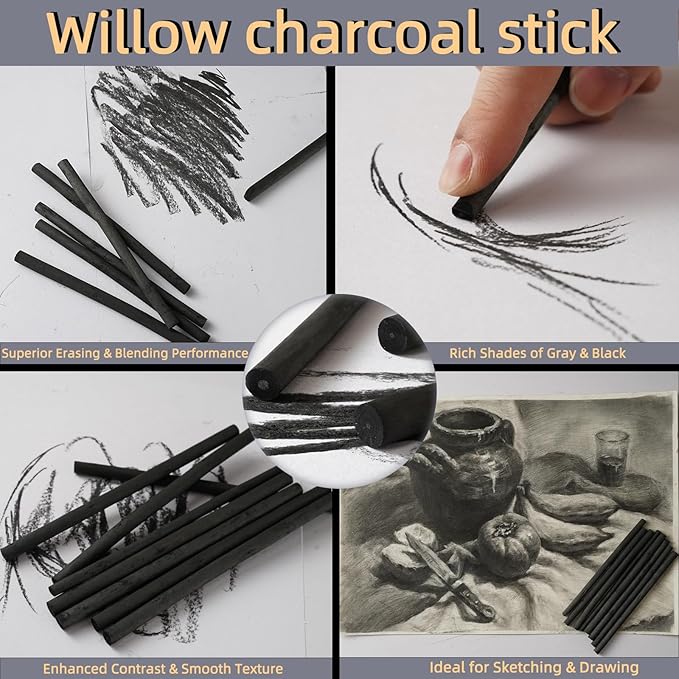 25 PCS Willow Charcoal Sticks, Ideal for Artists, Beginners, Students, Perfect for Sketching, Drawing, Shading, and Fine Art, 5.7 Inches Long, 2-4,4-5,5-7,7-9 (7-9)
