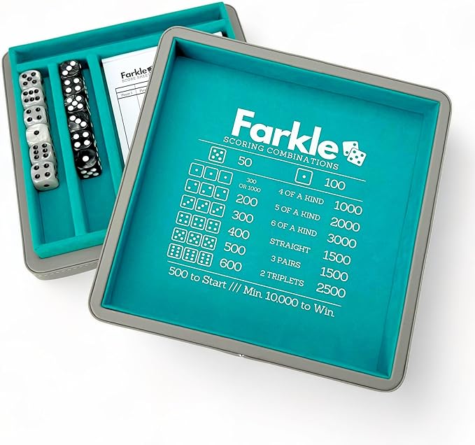 Luck Lab Farkle Dice Tray and Storage Case - Includes Embedded Scoring Combinations, 2 Sets of 6 Pearl Dice, 40 Sheet Score Pad and Pen Holder for The Classic Family Game (Grey and Turquoise)