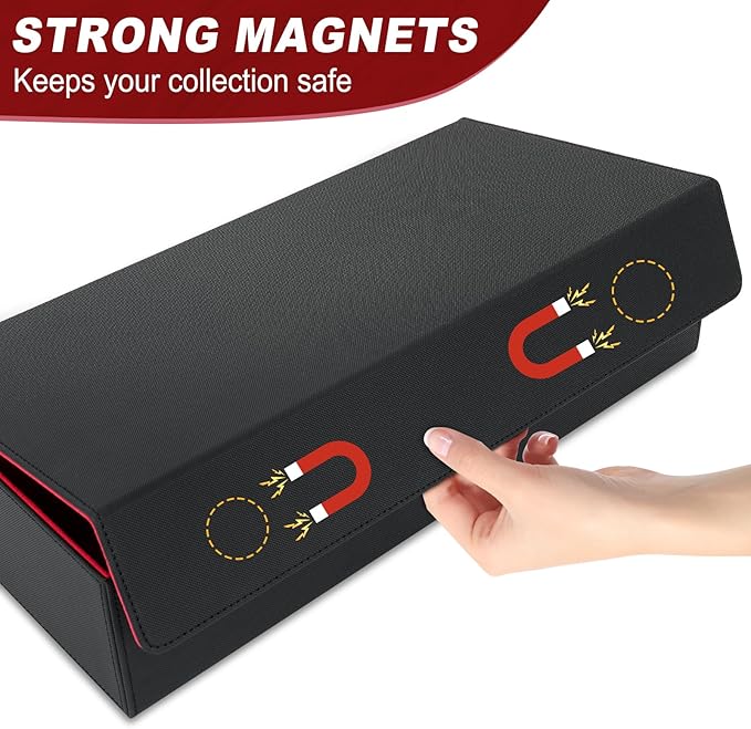 Card Deck Box,X-Large Premium Trading Card Storage Case with Mat and Dice Compartment,Magnetic Game Deck Display Case Compatible with MTG/TCG/Yugioh/Magic/Commander(Black＆Red)