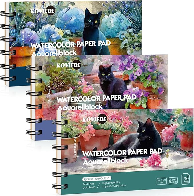 KOVIEDE 100% Cotton Watercolor Paper Pad - 30 Sheets 3.5"x5.5" Spiral Bound 140lb/300gsm Cold Press Watercolor Sketchbook, Artist Quality Art Journal Supplies for Adults, Kids & Beginners