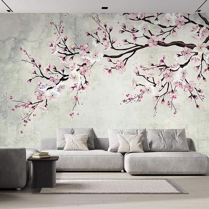 wall26 Large Wall Mural Watercolor Style Ink Painting Pink Cherry Blossom on Vintage Wall Background | Self-Adhesive Vinyl Wallpaper/Removable Modern Wall Decor - 108x144 inches