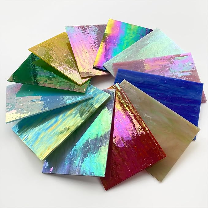ILLUCKAI12 Sheets Iridescent Stained Glass Sheet, 4 x 6 inch Rainbow Iridized Glass Mosaic Tiles for Crafts, Stained Glass Supplies for Art Glass Projects and Mosaics